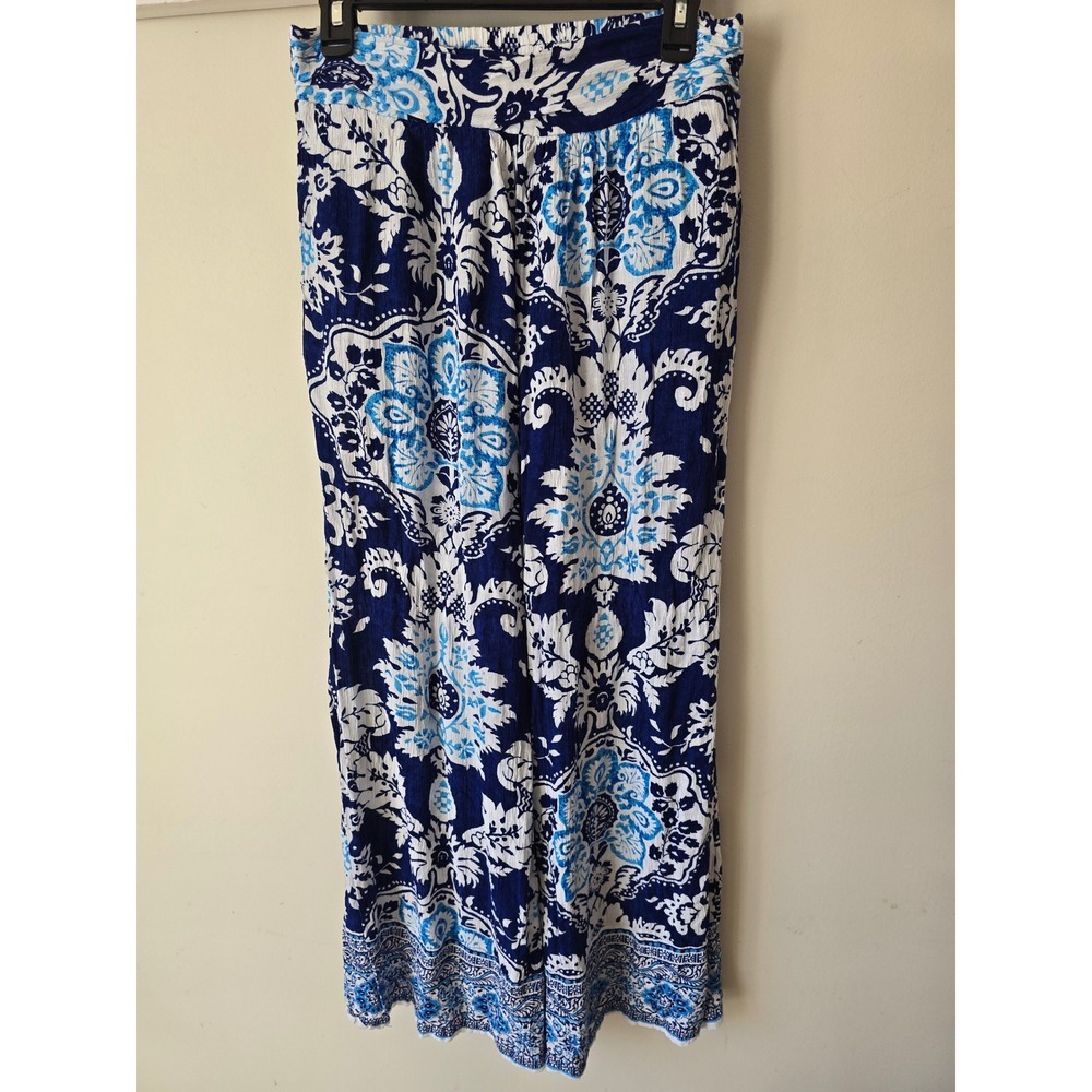 Rachel Zoe Womens Blue White Paisley Wide Leg Crinkle Rayon Pants Size L